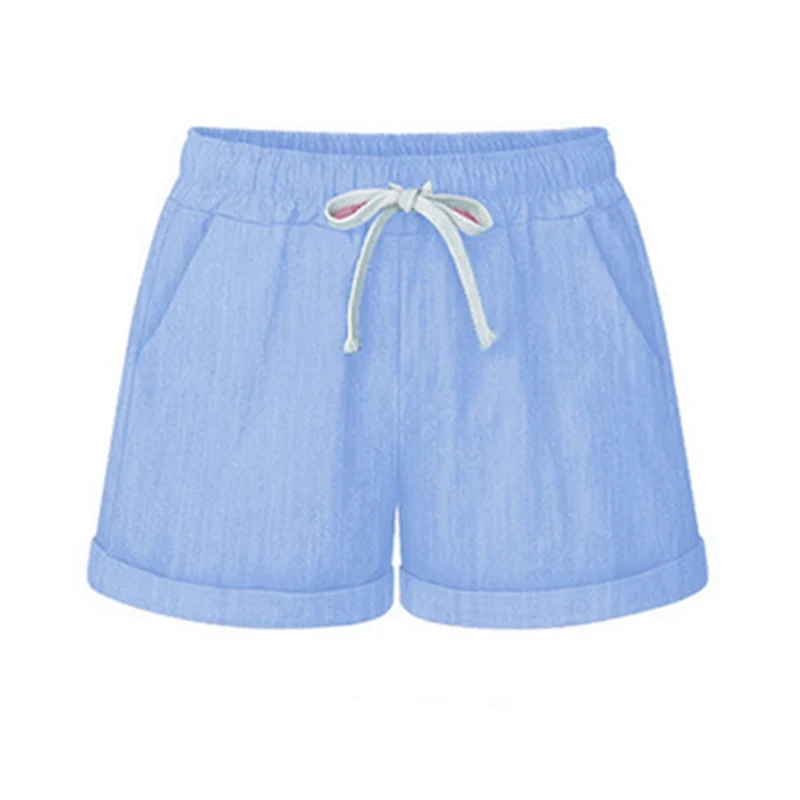 Light blue Женские льняные широкие шорты, популярные летние повседневные однотонные шорты, пляжные шорты с высокой талией, модные женские шорты размера плюс - Цвет: Light blue