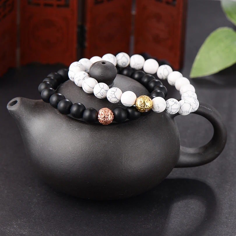 2Pcs/Set Gold Volcanic Stone Bracelet Set Women Men Jewelry Trendy White and Black Beaded Bracelets Couple Gift Pulsera Hombre | Украшения