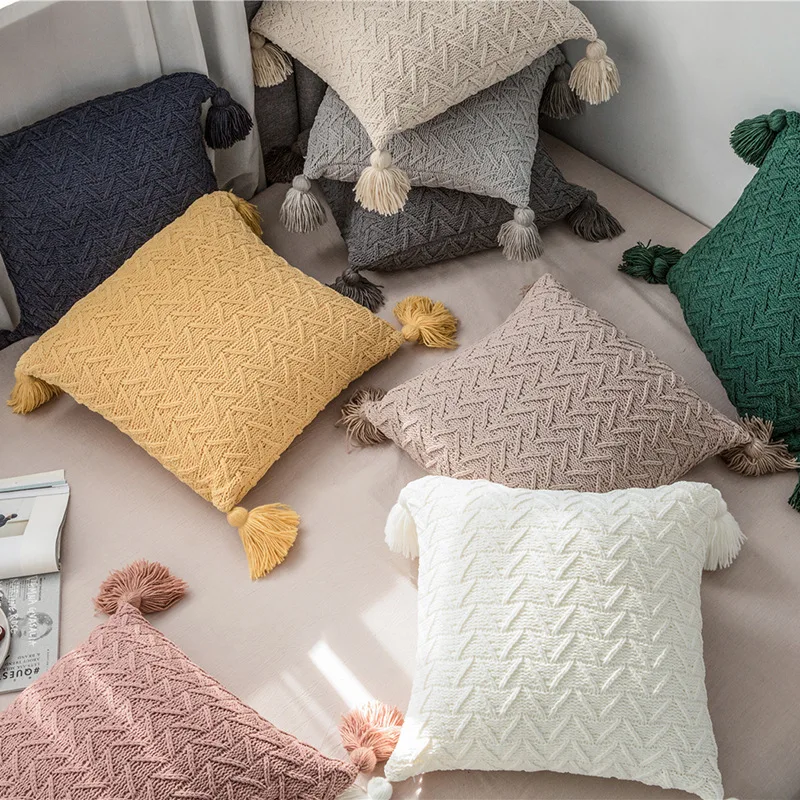 

Soft Knit Cuhion Cover 45x45cm Solid Pillow Cove Pink Grey Cream Tassels Home decoration Pillow Case Square For sofa Bed