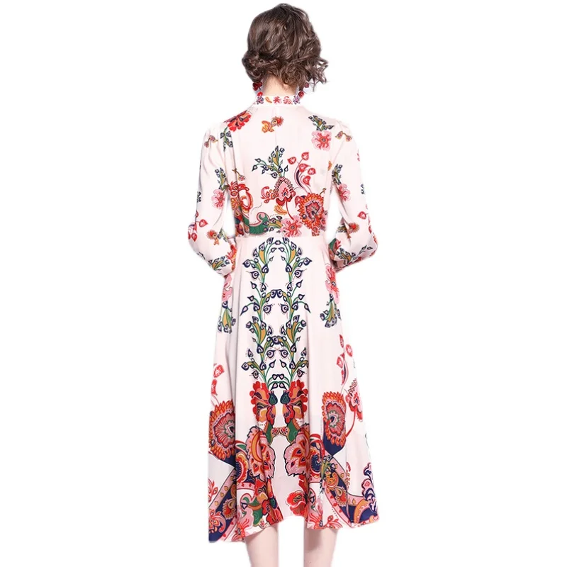 

Simgent Print Flared Dress Women Lantern Sleeve Stand Collar Single Breasted A Line Midi Dresses Vestidos Robe Femme SG1631