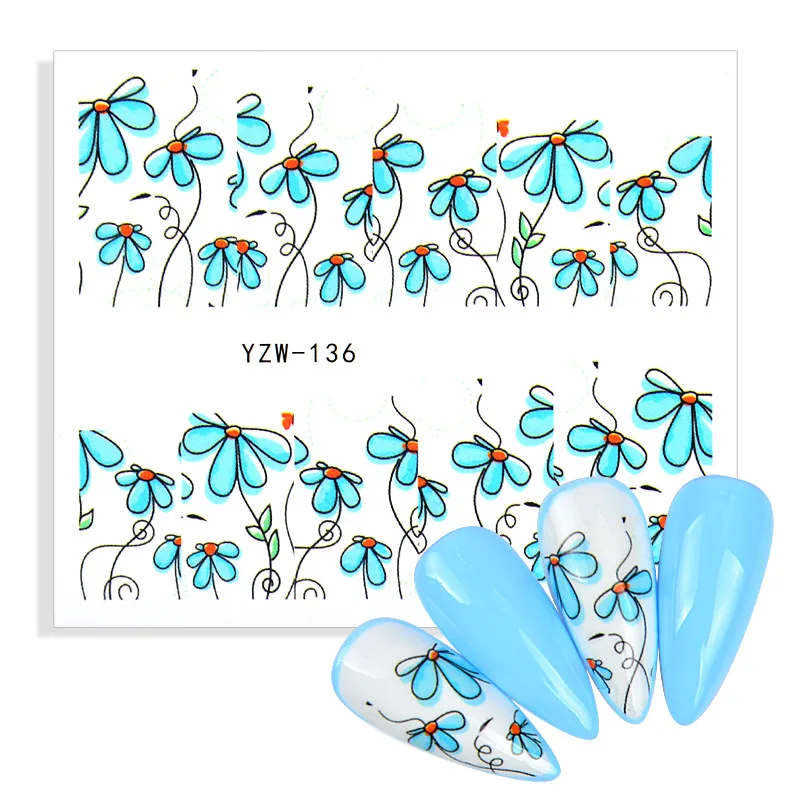 Водные Переводные наклейки для ногтей с фиолетовыми цветами картинки зелеными