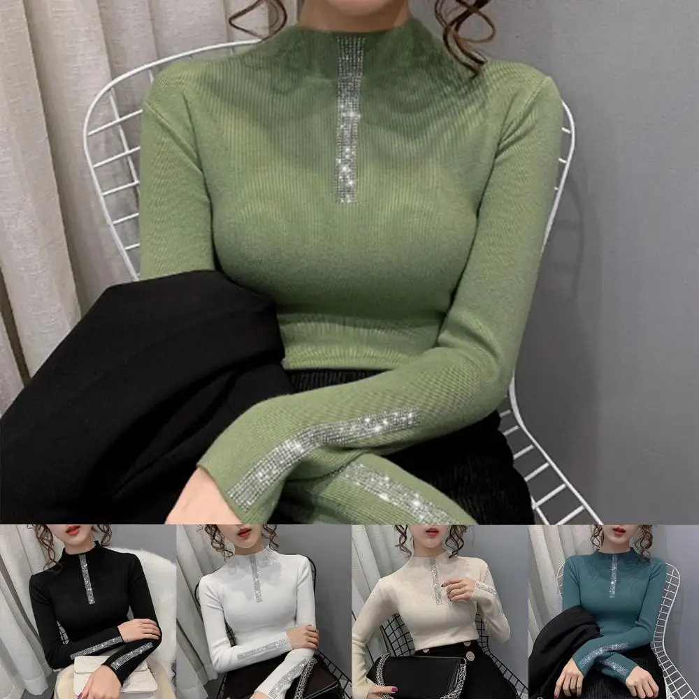 

Slim Knitwear Long Sleeve Top Blouse Women Fashion Autumn Pullover Shiny Basic Pullover