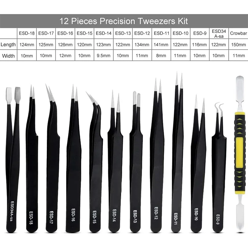 

12 Pieces Tweezers Set, Anti-Static Tweezers Kit with 11 Precision Non-netic Stainless Steel Tweezers,Crowbar