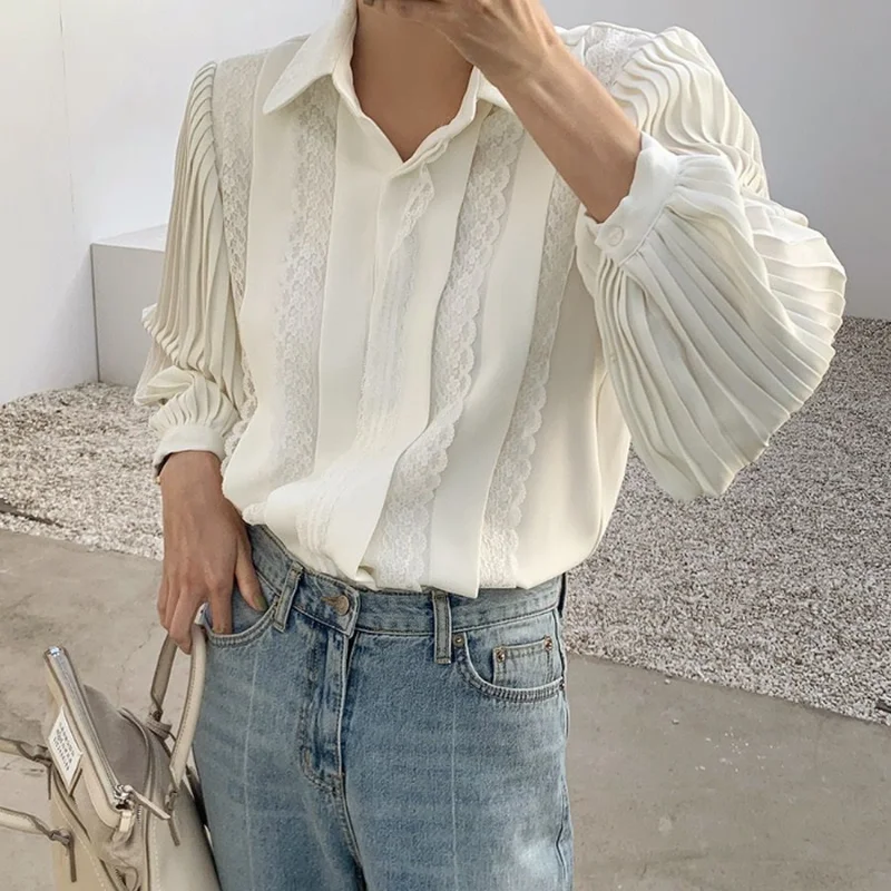 

ZAWAHIKI Office Ladies Shirt Workwear Solid Lace Pleated 2021 Spring Blusas Mujer Korean Vintage Long Sleeve Women Blouse Tops