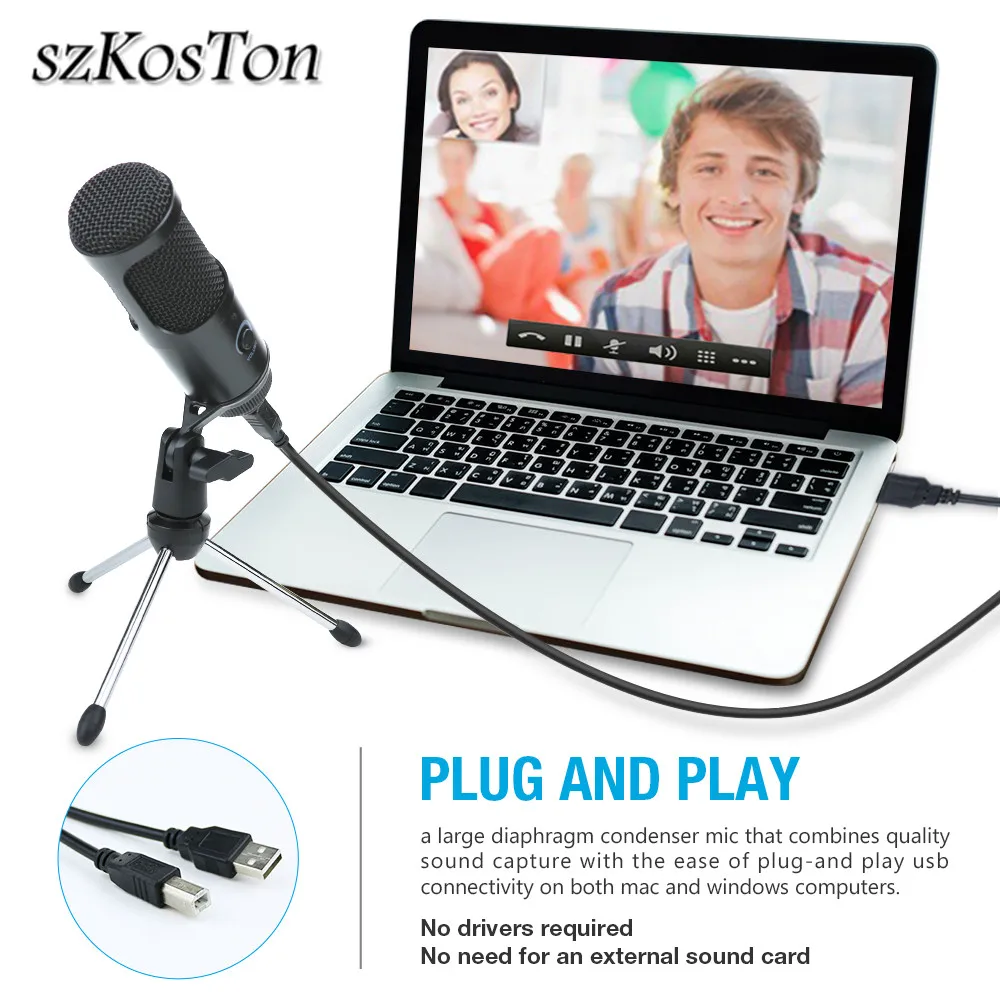 

USB Condenser Recording Studio Microphone For Laptop Youtube Skype Gaming Sound Card With Holder Stand Professional Microphones