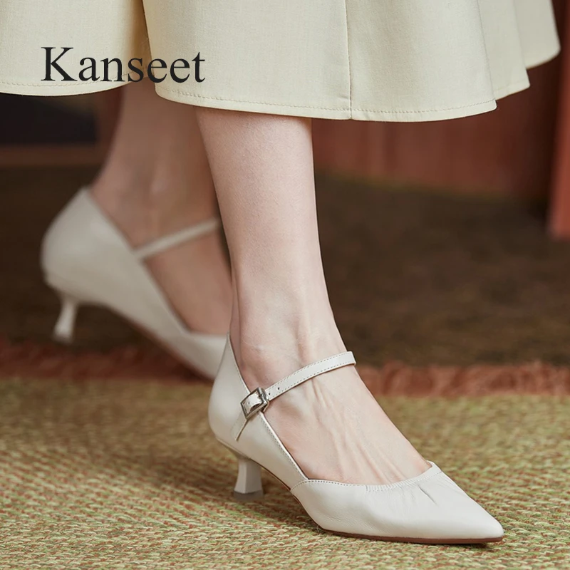 

Kanseet Buckle Strap Genuine Leather Party Dress Shoes Pointed Toe 2021 Spring Summer Women Pumps Soft Shallow Mid Heels Shoes