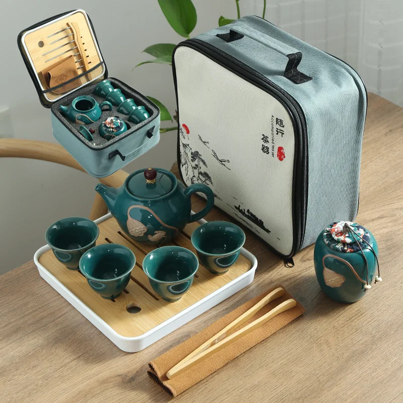 

Bamboo Tray Tea Set Portable Outdoor Ceramic Tea Set Travel Kung Fu Tea Ceremony Tea Set Handmade Juego De Te Drinkware DE50CJ