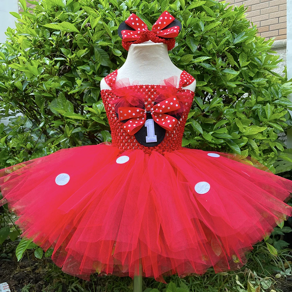 

Lovely Baby Red Mickey Cartoon Tutu Dress Girls Crochet Tulle Dress with Dots Bow and Hairband Kids Birthday Party Costume Dress