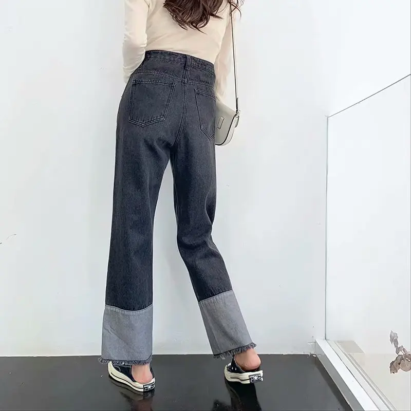 

Jeans Spring Patchwork Pants Casual Loose Denim Trousers Straight Black Gray