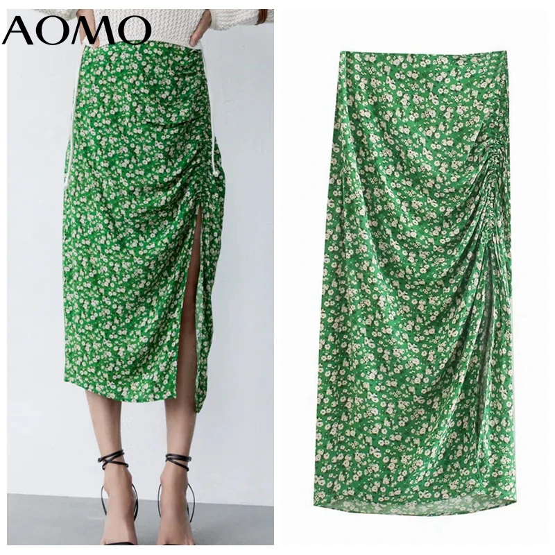 

AOMO 2021 New Women Green Flowers Pleated Midi Skirt Vintage Side Zipper Ladies Chic Mid Calf Skirts 3H199A