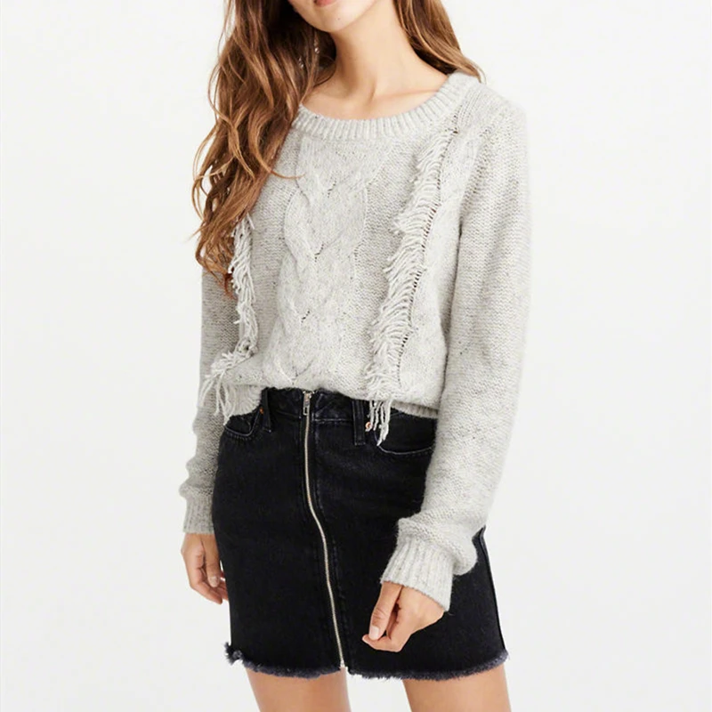 Женский свитер новинка зимы с кисточками Одноцветный круглый вырез длинный