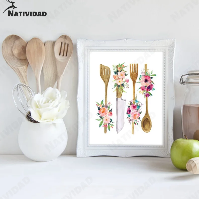 

Korean Kitchen Home Decoration Painting Art Poster Flower Decoration Knife and Fork Tool Art Scandinavian Decor Home Decor