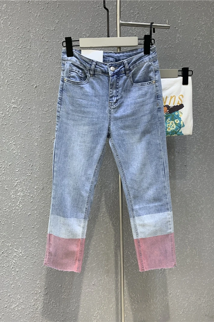 

2021 Contrast Color High Waist Cigarette Denim Pants Women's Fashionable High Waist Cropped Straight Jeans Lady Wide Leg Pants