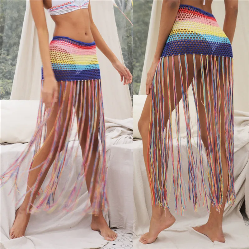 

Women Hollow-out Bikini Cover Ups Fahsion Fringed Skirt High Waist See Through Long Tassels Skirt Sexy Beach Skirt For Summer
