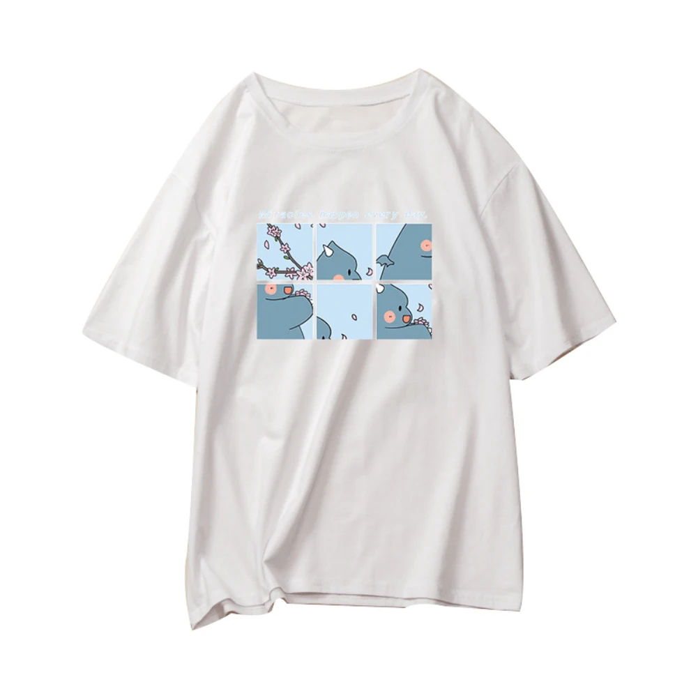 

Fashion Korea style Women's T-Shirt Summer Casual Soft Cartoon Print Round Neck Short Sleeve Cartoon Print Loose T-Shirt Female