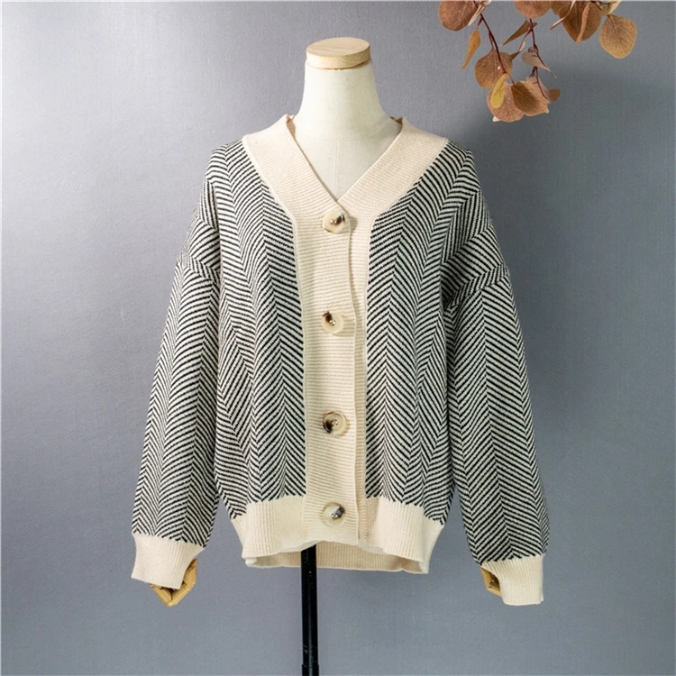 

Cardigan Sweater Women 's 2021 Spring and Autumn Korean Style Youth Knitted Striped V-neck Long-Sleeved Top