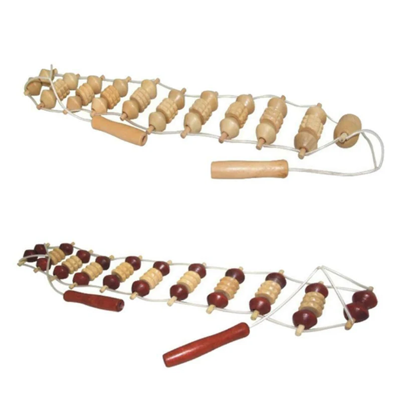 

2pcs Full Body Manual Self Massager Rope Belt Wooden Wheel Massage Tool Slimming Care Back Stress Relief Relieve Muscle Pain