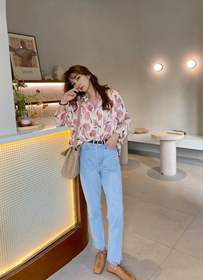 

Houthion Chiffon Women's Blouses Fashion Blouse Casual New Korean Long Sleeve Top Buttons Printed Shirt Office Lady Regular