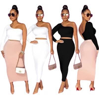 skmy festival two piece sexy outfit women clothing fashion spring and autumn new solid color long sleeve crop top skirt set