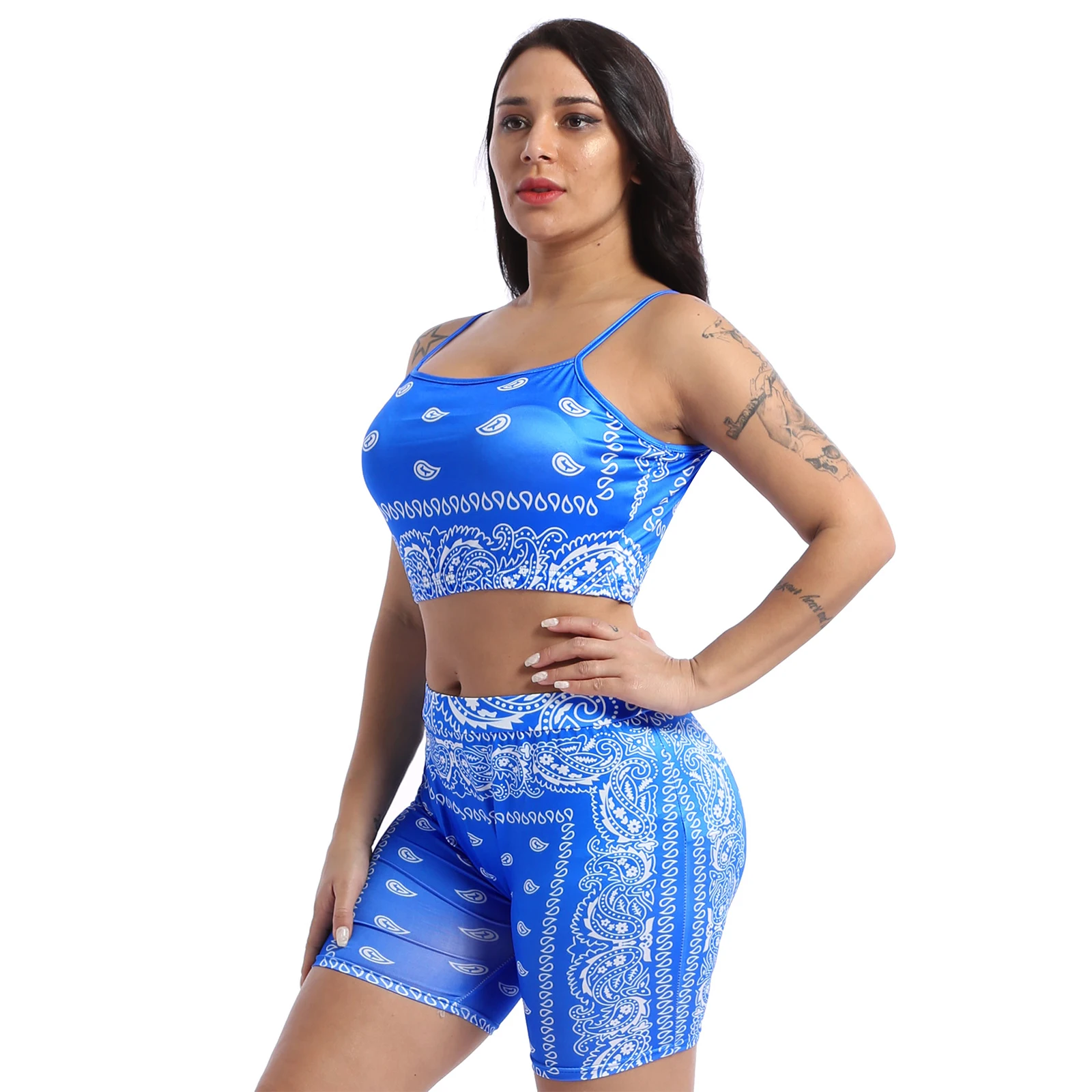 

Women Summer Suit Beach Sport Wear Swimwear Outfits Sleeveless Crop Top Shorts 2 Piece Set Ladies Flower Print Skinny Tracksuit
