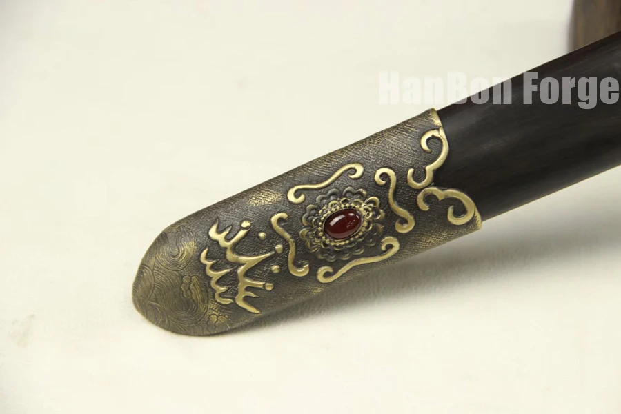 

Chinese Sword Double Fishes Jian Pattern Steel Clay Tempered Fully Handmade Samurai Sword Inlaid Jade With Ebony Scabbard
