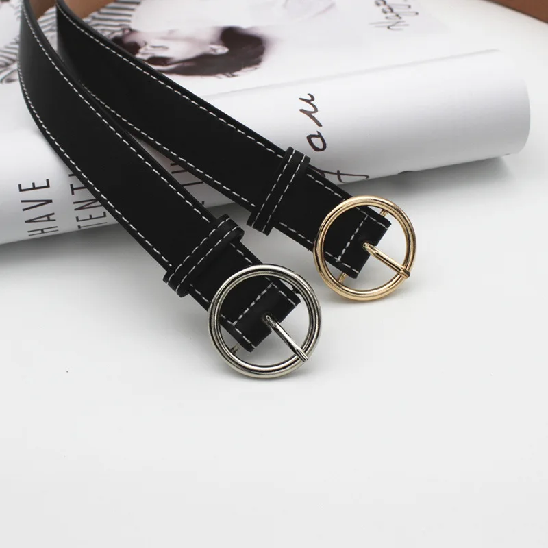 

Women Faux Leather Belt Leisure Pin Buckle Waistband Fashion New Design Alloy Round Button White Line Decoration Belts For Women