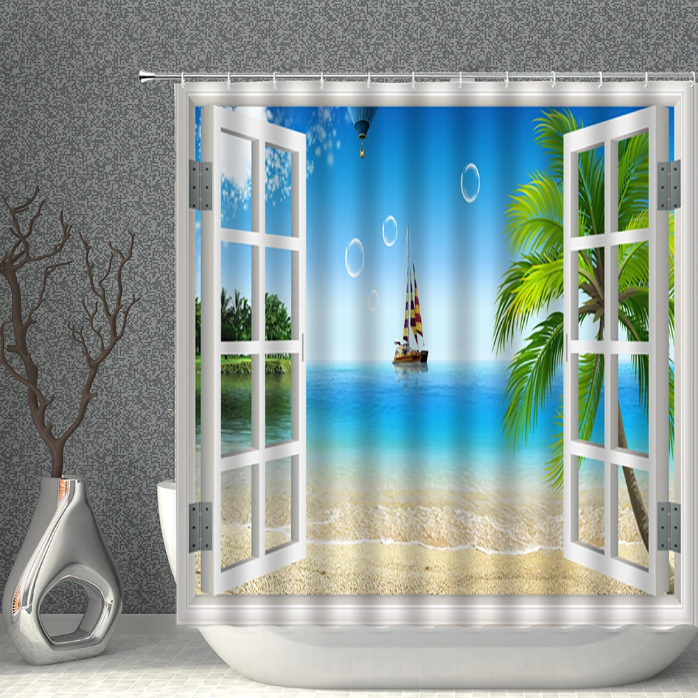 

Waterproof Polyester Shower Curtains Outside Beach Scenery Window View Coconut Tree Bathtub Bathroom Curtain Bath Decor Set Home