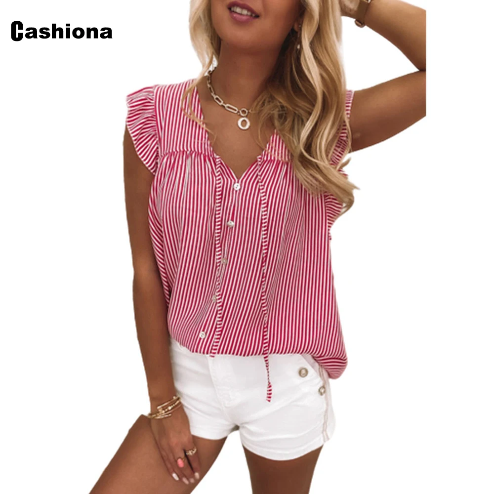 Butterfly Sleeve 2021 Summer V-neck Top Office Ladies Elegant Leisure Casual Shirt Plus Size Women Model Stripe Blouse Femme 3XL