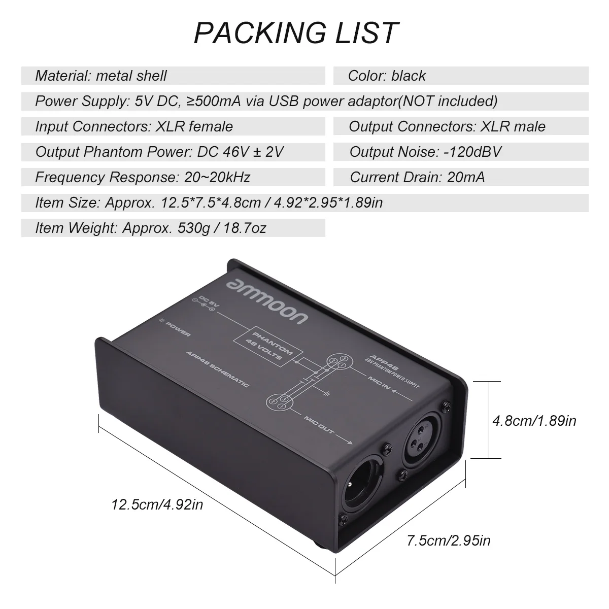 ammoon 48V Low Noise Phantom Power Supply for Condenser Microphone DC5V Box with XLR Input & Output | Спорт и развлечения