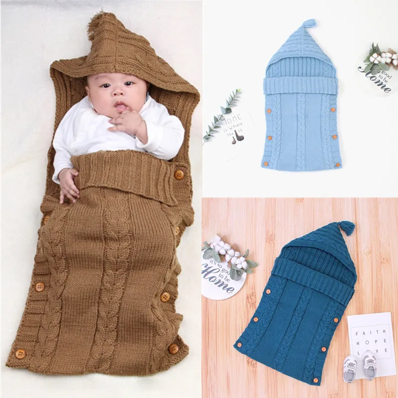

Baby Hooded Button Stroller Sleeping Bag Warm Newborn Autumn Winter Knitted Envelopes Sleepsack Infants Swaddle Wrap Blanket