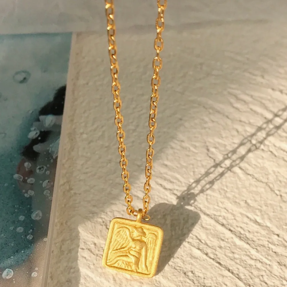 Фото Ретро Матовое Золото Крыло ангела квадратное ожерелье модное с блогером