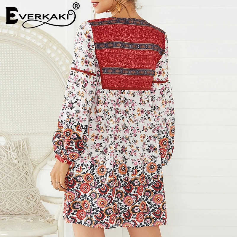 Женское мини платье с принтом Everkaki свободное винтажное короткое v образным