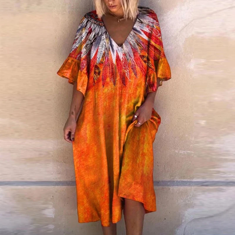 

Casual Vintage Folk Print Women Loose Dress 2021 Summer V Neck Party Dress Elegant Butterfly Sleeve Long Beach Dresses Vestidos