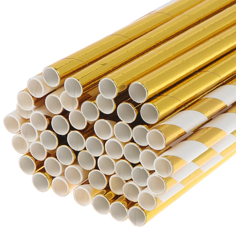 Горячая Распродажа 25 шт фольги Золотые полоски бумажные соломинки Свадебные