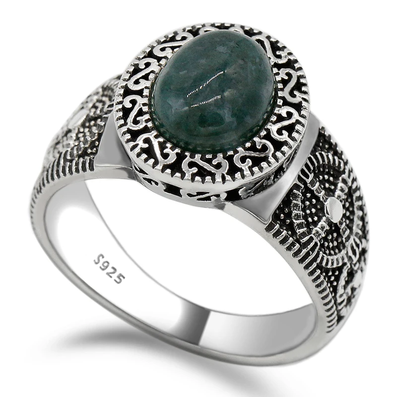 Мужское и женское кольцо из серебра 925 пробы с овальным зеленым нефритом|Кольца| |