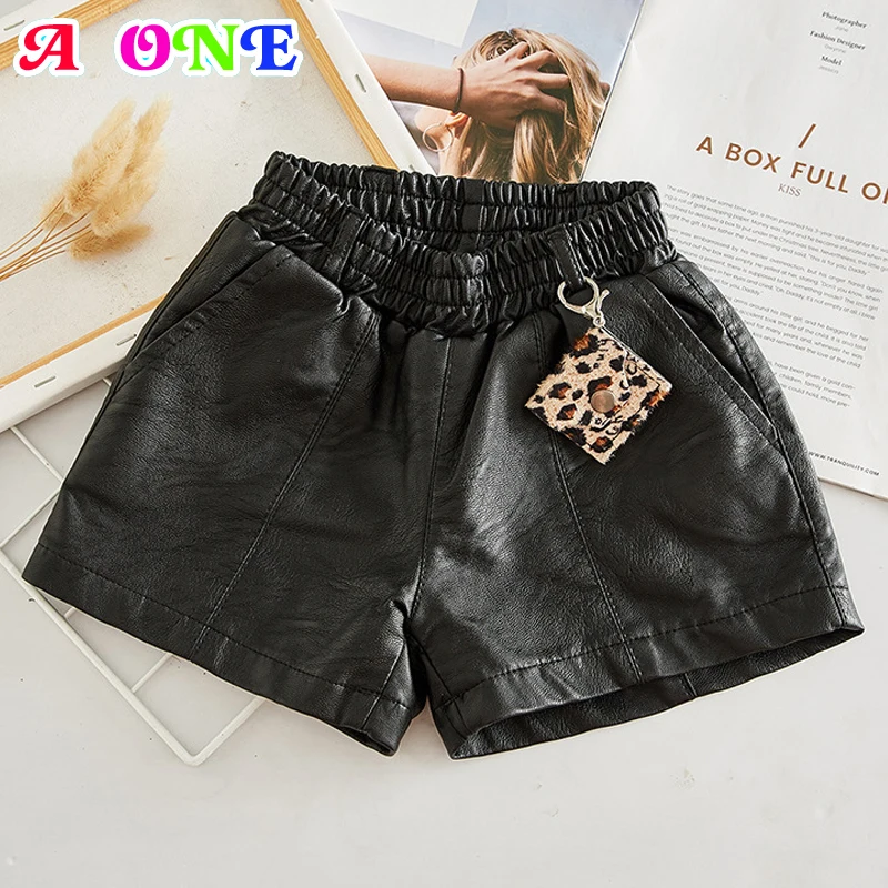 Осенне зимние шорты для девочек модные черные из искусственной кожи маленьких