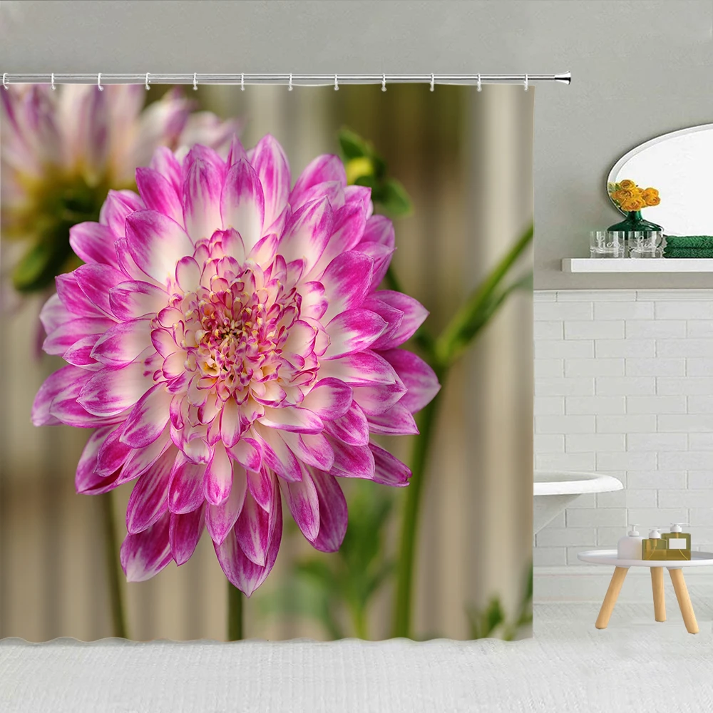 

Flower Green Plant Pink Rose Butterfly Shower Curtain Fabric High Quality Bathroom Supplies With Hooks Cloth Curtains Decor