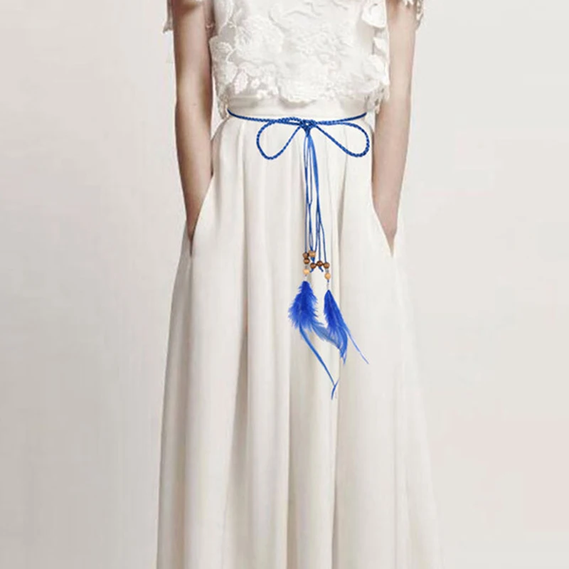 Элегантный тонкий пеньковый канат + пояс с перьями для женщин длинное платье