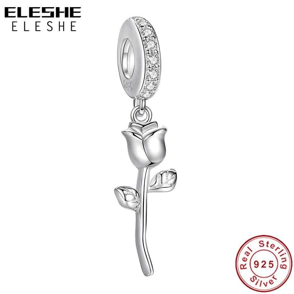 

ELESHE 2021 NEW 100% 925 Sterling Silver Beads Sparkling Rose Flower Dangle Charms Fit Original Bracelets Women DIY Jewelry
