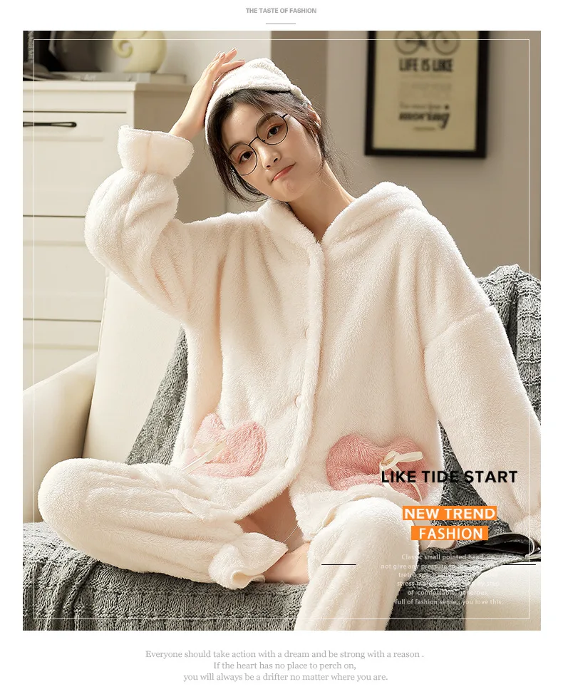Pajamas Women Winter Flannel Thick Hooded Plus Size Home Service Cartoon Sleepwear Sweet Pajamas Set Women Conjuntos De Pijama