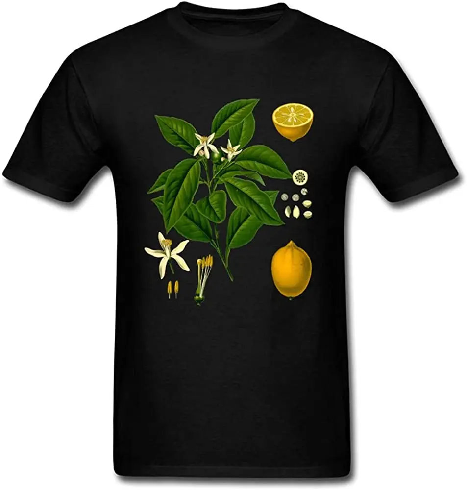 

Botanical Illustration T Shirt Man Tshirts Tee-Shirt Lemon Plant Tops Print Clothes Fabric Black Men