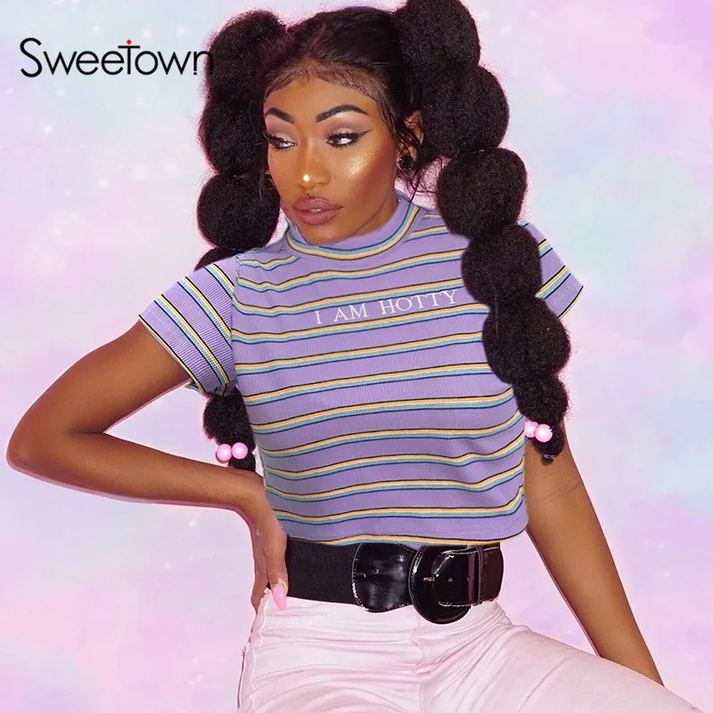 Sweetown Повседневная полосатая уличная футболка Женская водолазка с коротким рукавом Футболка с буквенным принтом Милая Футболка Harajuku Kawaii