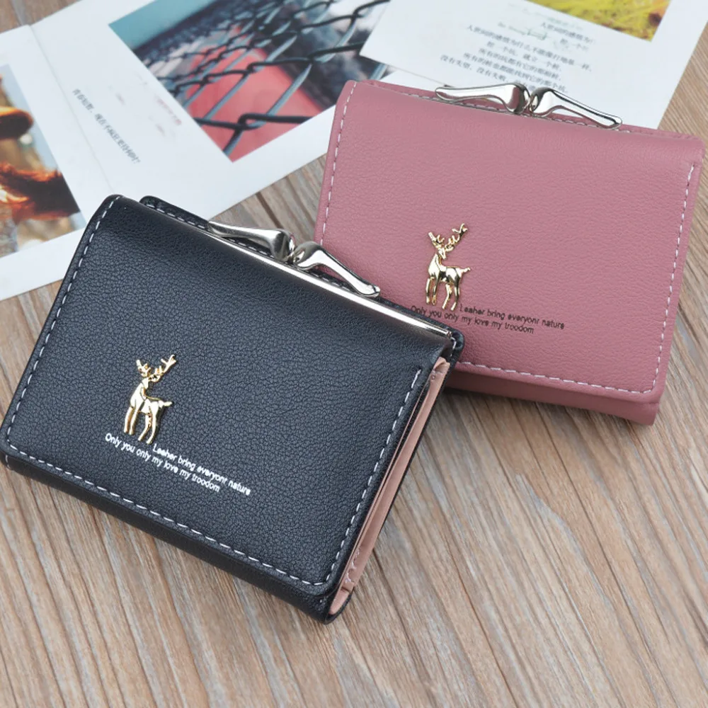 Cute Deer Women Mini Wallet Short Leather Wallet Girl Folding Wallets Clutch Pu Card Holder Ladies Purses Retro Coin Purse L*5