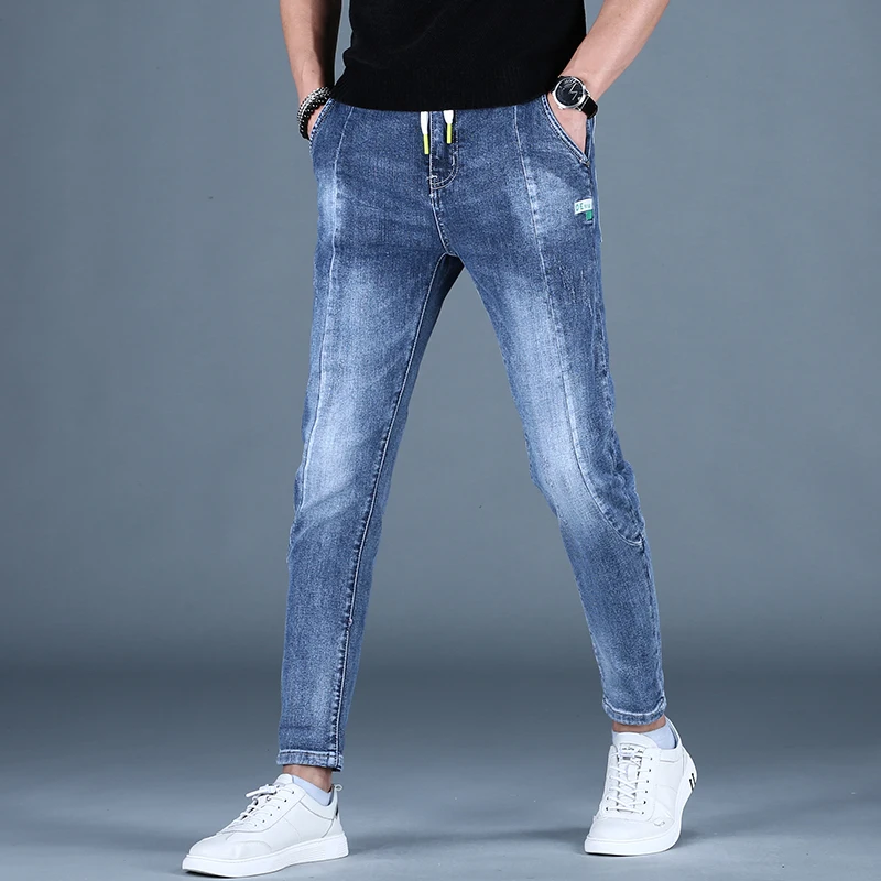 Mens Fashion Spliced Blue Jeans Men Summer Casual Embroidery Slim Fit Pencil Pants