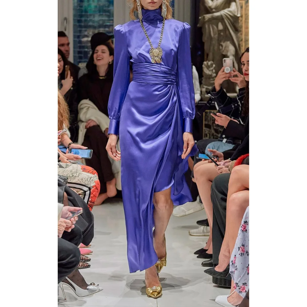 

2020 New Fashion Women blue round neck long sleeve Bodycon Bandage Elegant Designer Ankle - length Wholesale