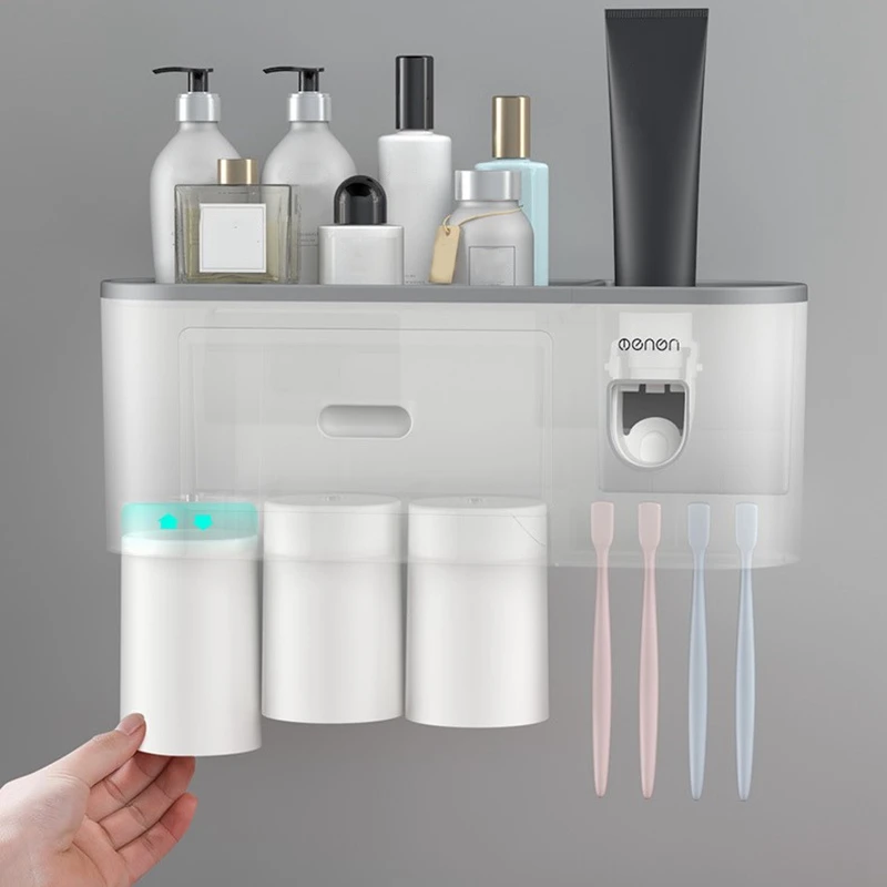 

Mengni Toothbrush Holder Wall Mount netic Adsorption Inverted Cup Storage Rack with Toothpaste Squeezer Bathroom Accessories