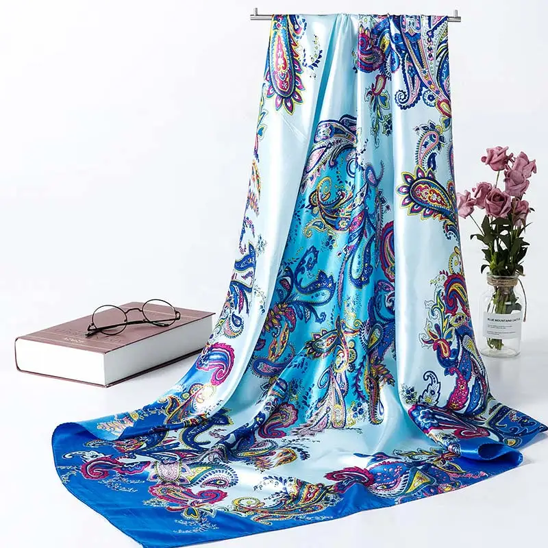 Royal blue A Большой размер 90*90 см, мягкий 1 шт., удобный 12 цветов, цветочный модный платок, атласные шарфы-шали, имитированный шелковый шарф - Цвет: Royal blue A