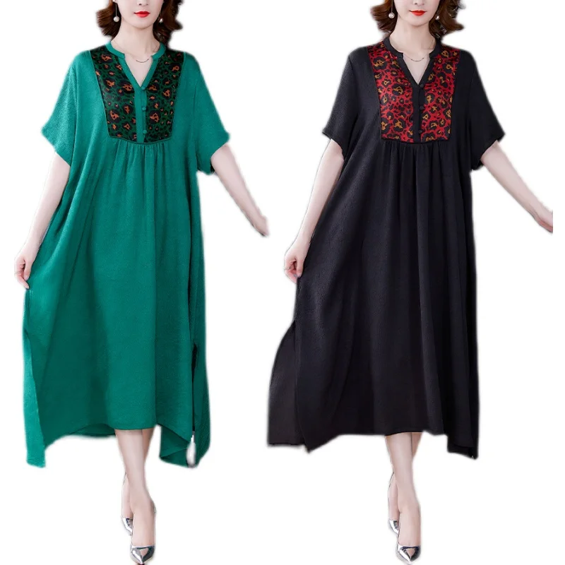 

COIGARSAM 4XL Plus Size National Wind Patchwork Women Long dress New Summer Vintage Loose V-Neck Dresses Black Green 1610