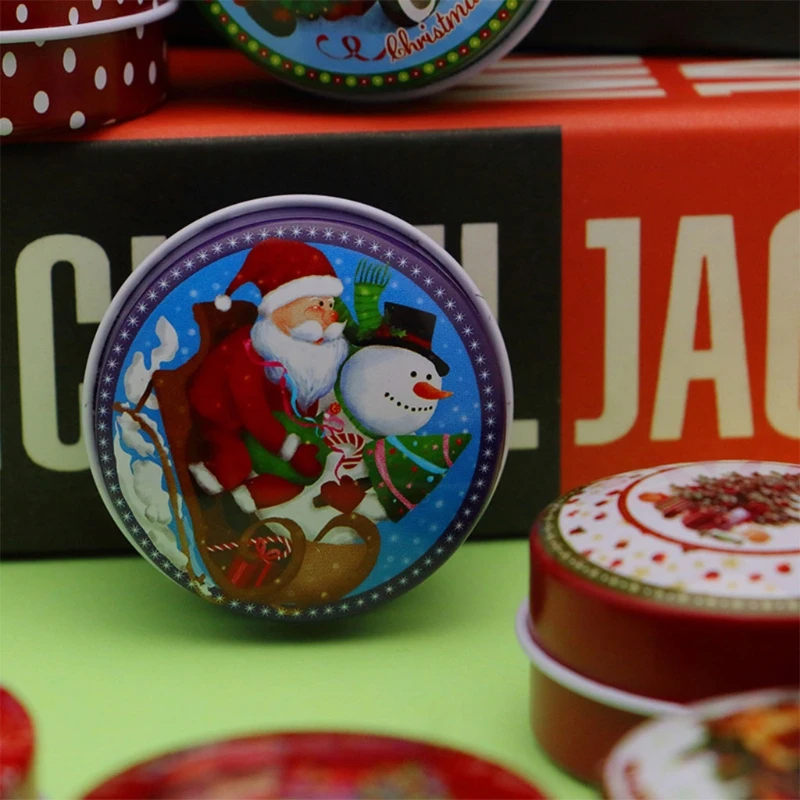 

41XB Christmas Tinplate Candy Boxes 12 Mini Round Gift Wrapping Box Metal Jars for Xmas Party Chocolate Cookies Storage Can