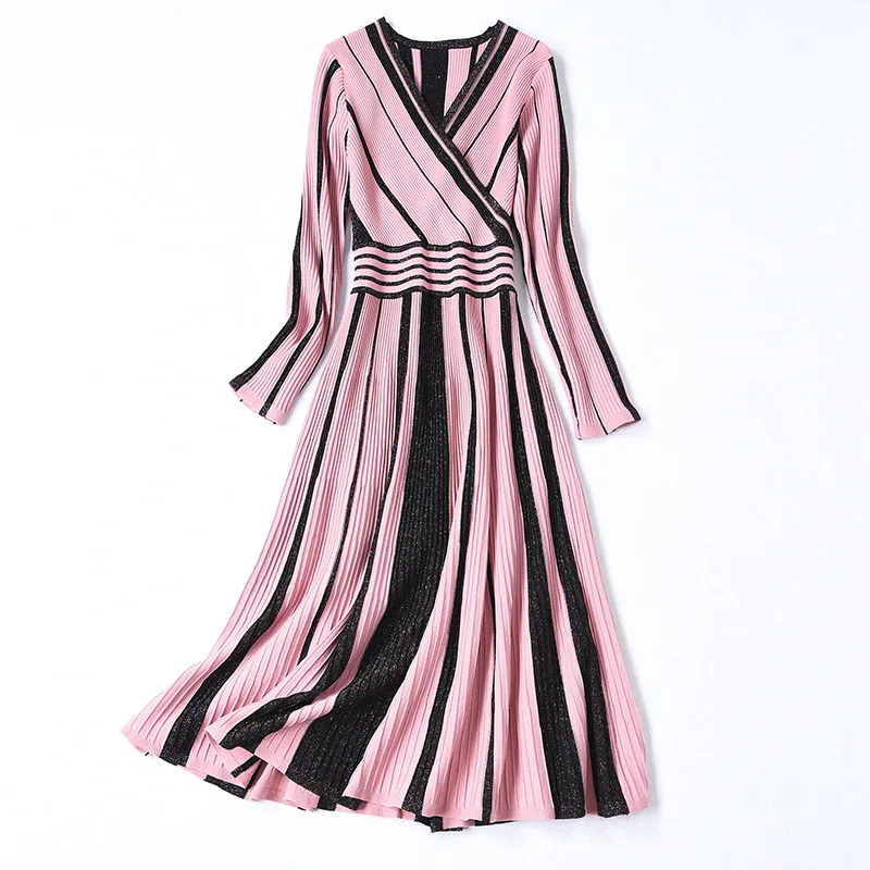 

Dress 2019 autumn new color contrast pleated big swing dress autumn winter women's wear